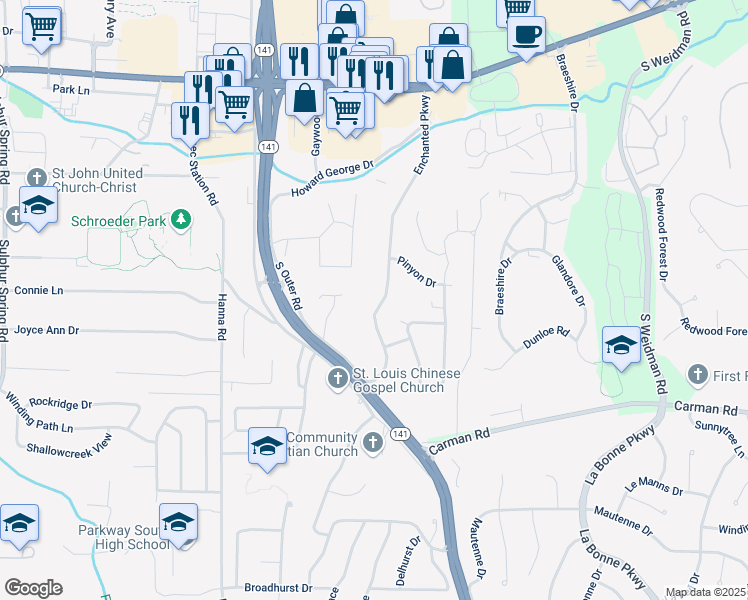 map of restaurants, bars, coffee shops, grocery stores, and more near 501 Enchanted Parkway in Ballwin