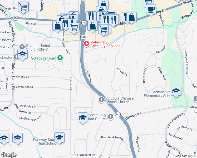 map of restaurants, bars, coffee shops, grocery stores, and more near 1047 Treeline Court in Ballwin