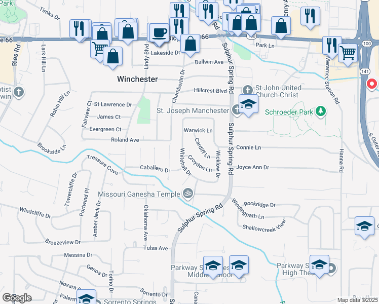 map of restaurants, bars, coffee shops, grocery stores, and more near 316 Whitehall Drive in Ballwin