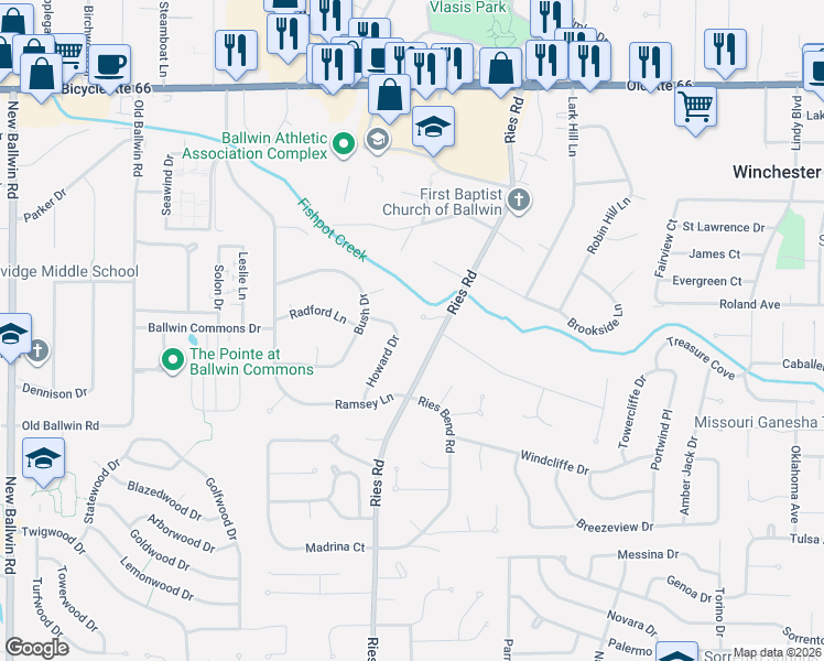 map of restaurants, bars, coffee shops, grocery stores, and more near 233 Ries Road in Ballwin