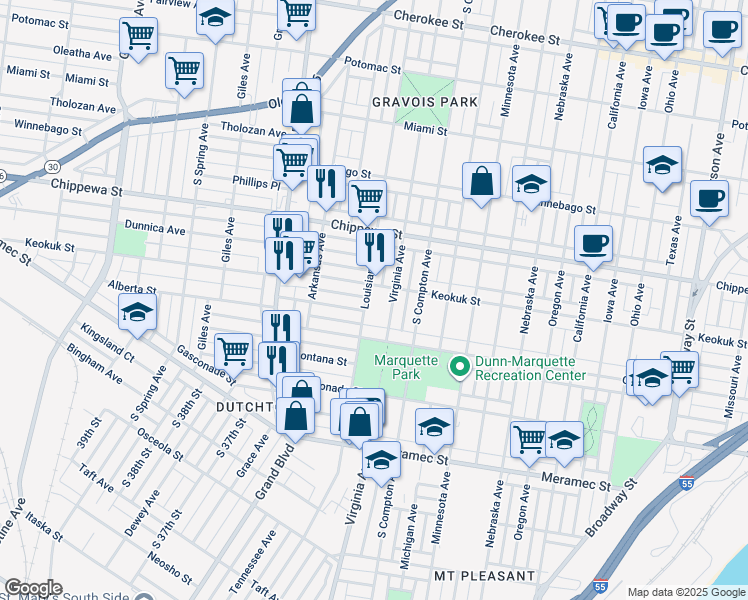map of restaurants, bars, coffee shops, grocery stores, and more near 3914 Louisiana Avenue in Saint Louis
