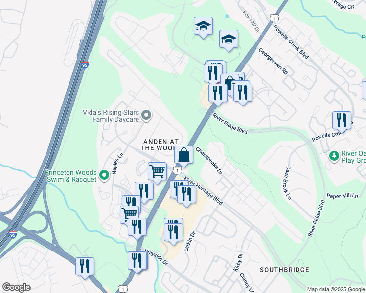 map of restaurants, bars, coffee shops, grocery stores, and more near 16866 Francis West Lane in Dumfries