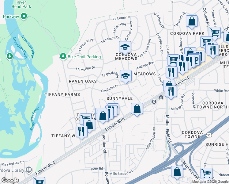 map of restaurants, bars, coffee shops, grocery stores, and more near 30 Capitales Drive in Rancho Cordova
