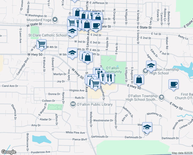 map of restaurants, bars, coffee shops, grocery stores, and more near 709 South Vine Street in O'Fallon
