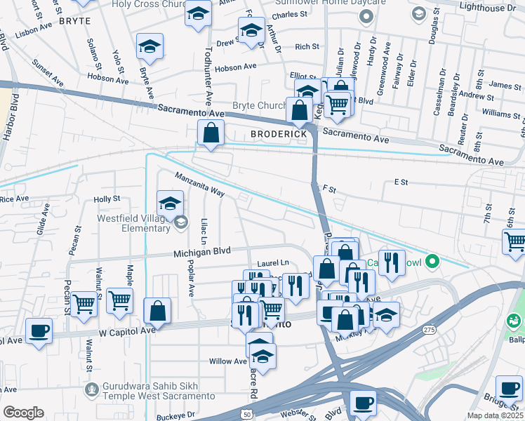 map of restaurants, bars, coffee shops, grocery stores, and more near 401 Westacre Road in West Sacramento