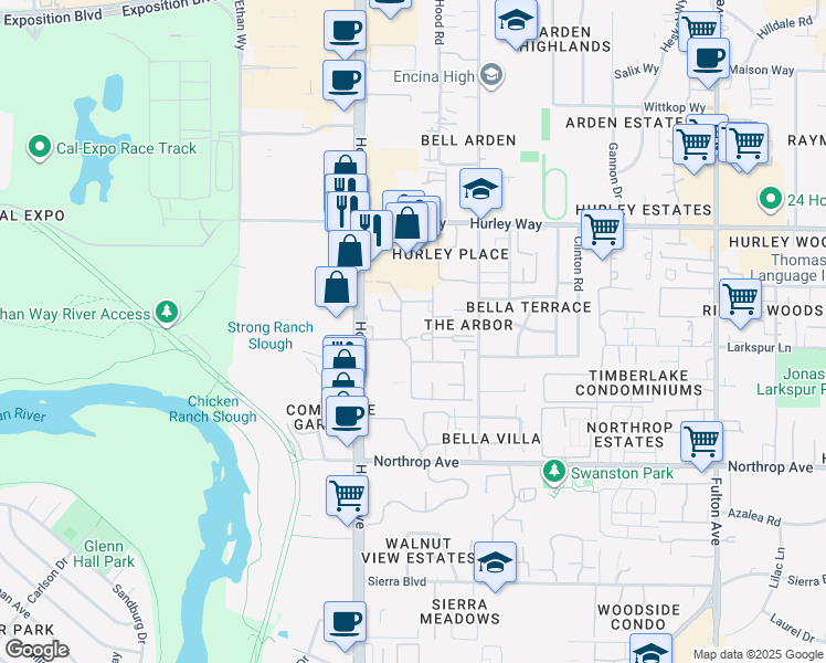 map of restaurants, bars, coffee shops, grocery stores, and more near 1100 Howe Avenue in Sacramento