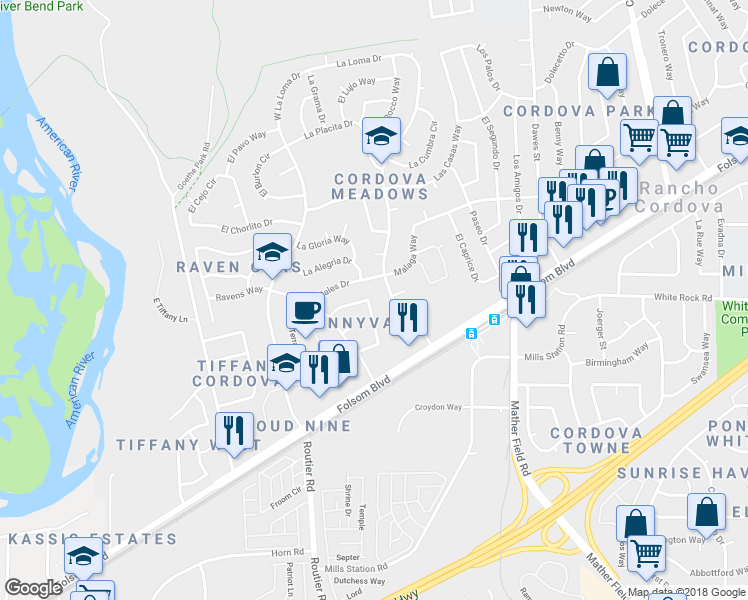 map of restaurants, bars, coffee shops, grocery stores, and more near 2800 La Loma Drive in Rancho Cordova