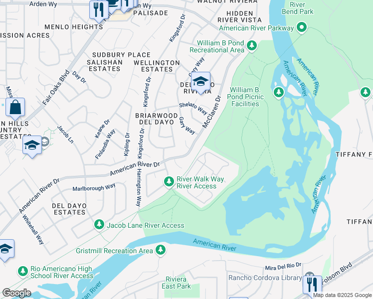 map of restaurants, bars, coffee shops, grocery stores, and more near 1145 McClaren Drive in Carmichael