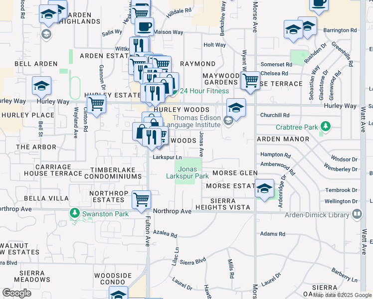 map of restaurants, bars, coffee shops, grocery stores, and more near 2729 Via Villaggio in Sacramento