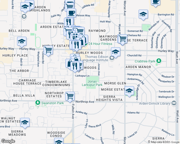 map of restaurants, bars, coffee shops, grocery stores, and more near 2729 Via Villaggio in Sacramento