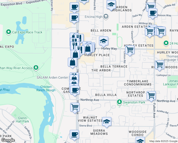 map of restaurants, bars, coffee shops, grocery stores, and more near 1100 Howe Avenue in Sacramento