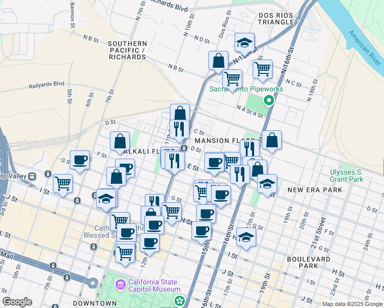 map of restaurants, bars, coffee shops, grocery stores, and more near in Sacramento