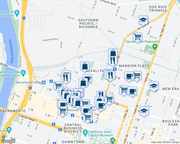 map of restaurants, bars, coffee shops, grocery stores, and more near in Sacramento