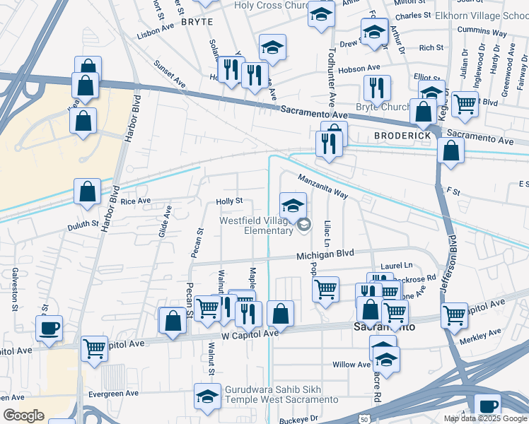 map of restaurants, bars, coffee shops, grocery stores, and more near 455 Maple Street in West Sacramento