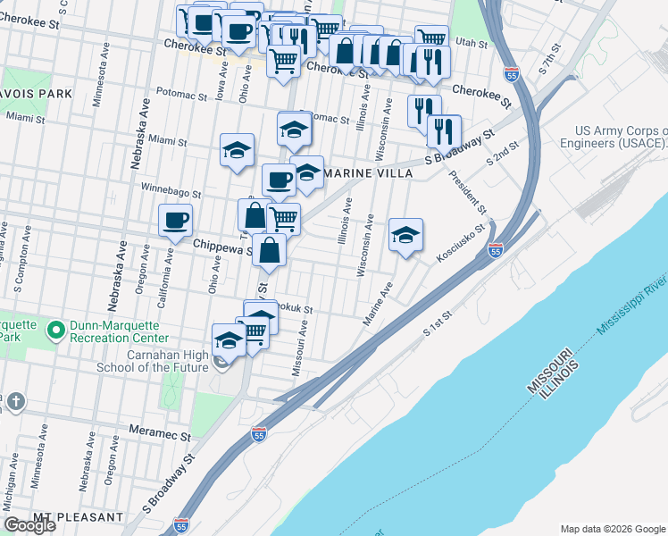 map of restaurants, bars, coffee shops, grocery stores, and more near 2101 Chippewa Street in St. Louis