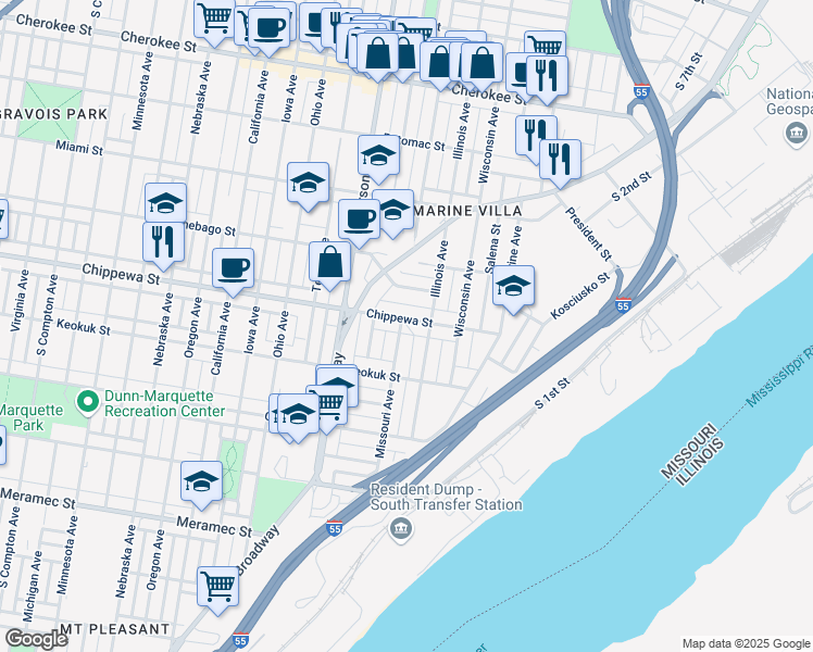 map of restaurants, bars, coffee shops, grocery stores, and more near 2209 Chippewa Street in St. Louis