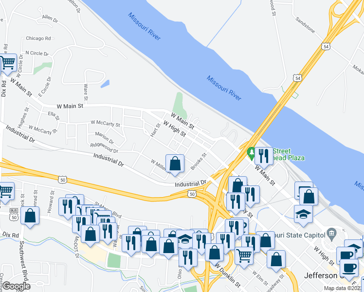 map of restaurants, bars, coffee shops, grocery stores, and more near 305 Hamlin Street in Jefferson City