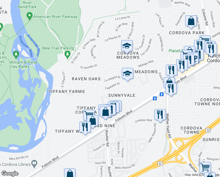 map of restaurants, bars, coffee shops, grocery stores, and more near 2601 Bravado Drive in Rancho Cordova