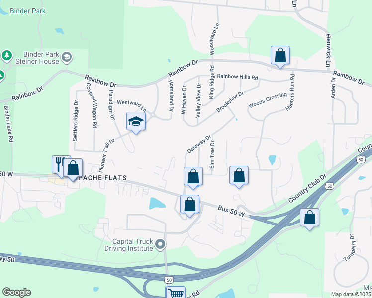 map of restaurants, bars, coffee shops, grocery stores, and more near 400 Gateway Drive in Jefferson City