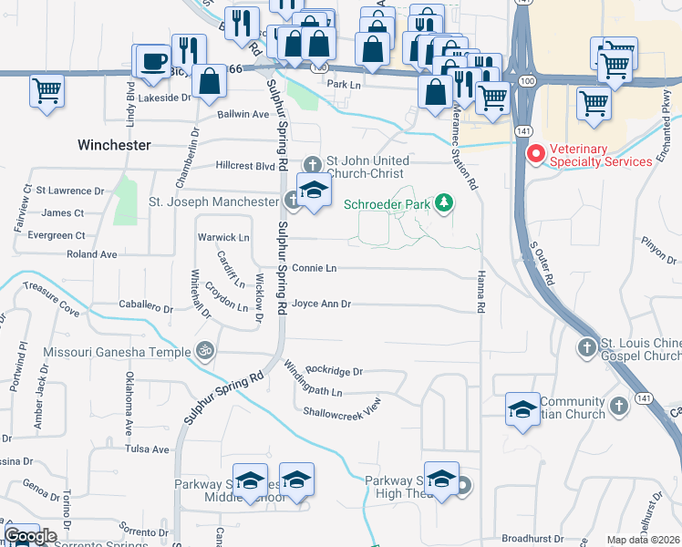 map of restaurants, bars, coffee shops, grocery stores, and more near 601 Connie Lane in Ballwin