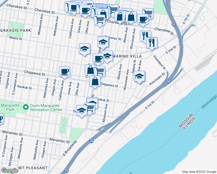 map of restaurants, bars, coffee shops, grocery stores, and more near 2209 Chippewa Street in St. Louis