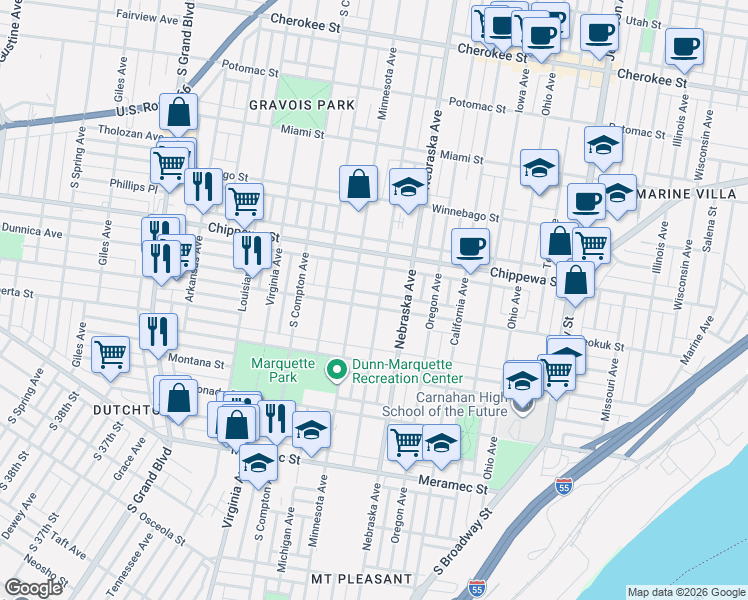 map of restaurants, bars, coffee shops, grocery stores, and more near 3841 Pennsylvania Avenue in St. Louis