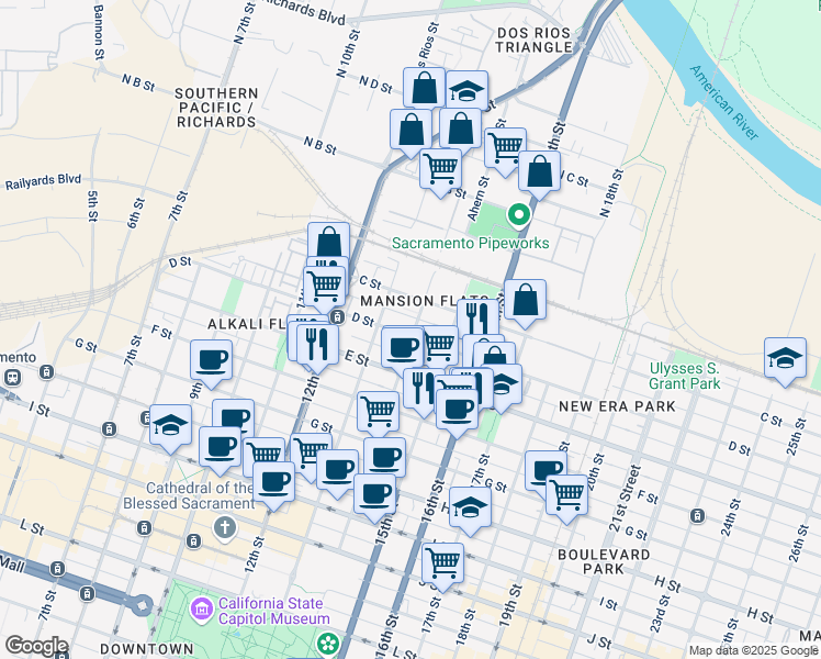 map of restaurants, bars, coffee shops, grocery stores, and more near 328 14th Street in Sacramento