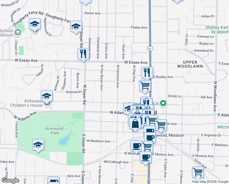 map of restaurants, bars, coffee shops, grocery stores, and more near 435 North Harrison Avenue in Kirkwood