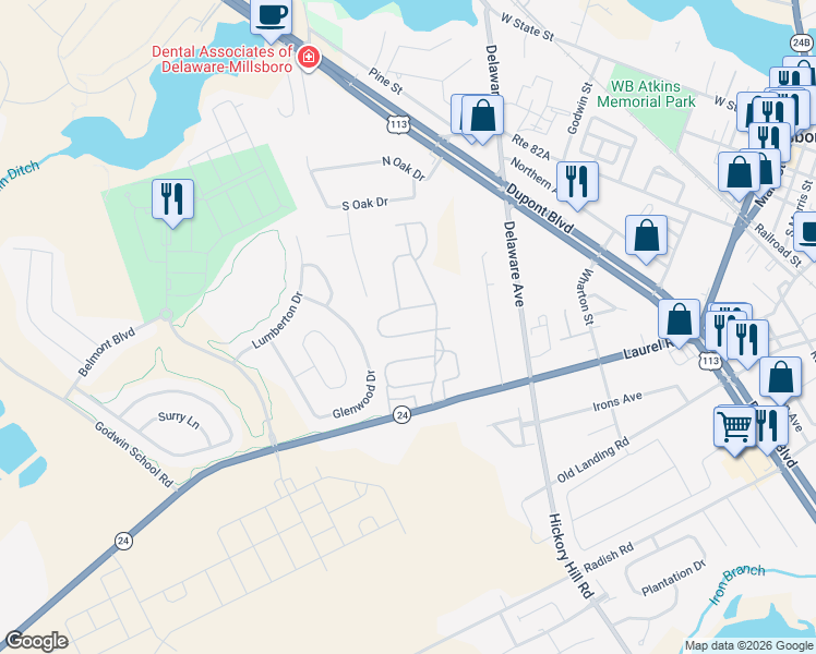 map of restaurants, bars, coffee shops, grocery stores, and more near 29612 Cobblestone Way in Millsboro