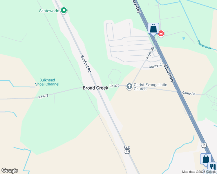 map of restaurants, bars, coffee shops, grocery stores, and more near 9699 Camp Road in Laurel