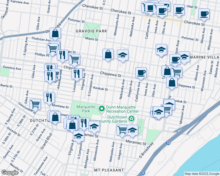 map of restaurants, bars, coffee shops, grocery stores, and more near 3841 Pennsylvania Avenue in St. Louis