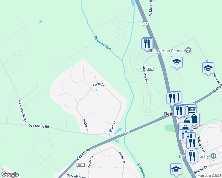 map of restaurants, bars, coffee shops, grocery stores, and more near 10937 Blake Lane in Bealeton