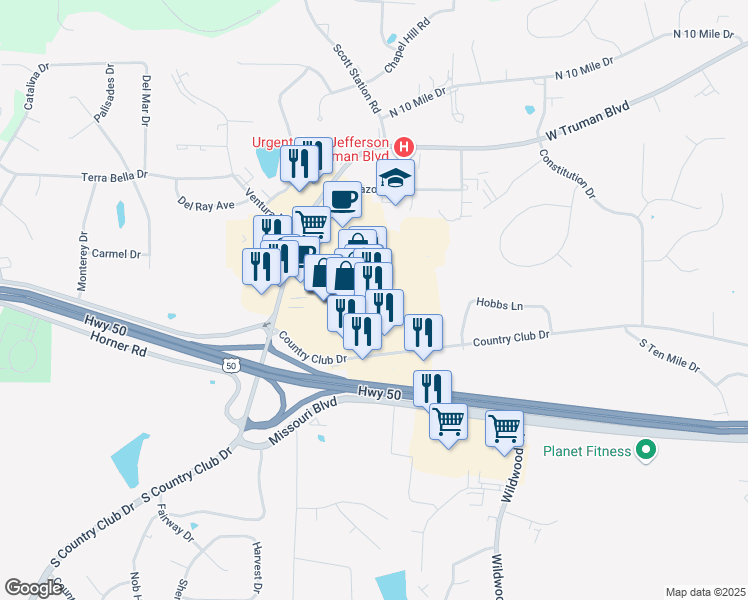 map of restaurants, bars, coffee shops, grocery stores, and more near 3600 Country Club Drive in Jefferson City