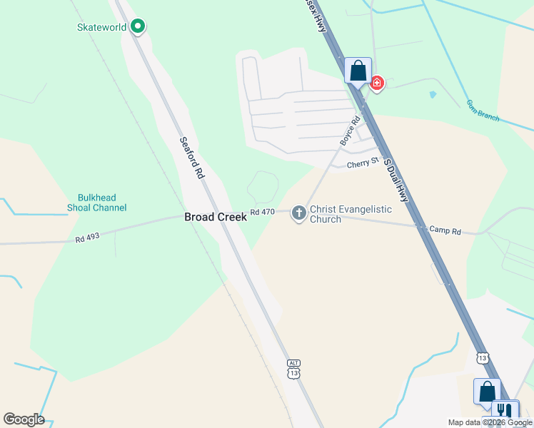 map of restaurants, bars, coffee shops, grocery stores, and more near 208 Camp Road in Laurel