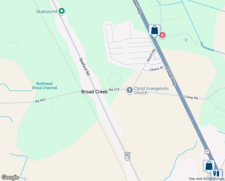 map of restaurants, bars, coffee shops, grocery stores, and more near 9699 Camp Road in Laurel