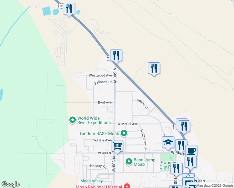 map of restaurants, bars, coffee shops, grocery stores, and more near 825 North 500 West in Moab