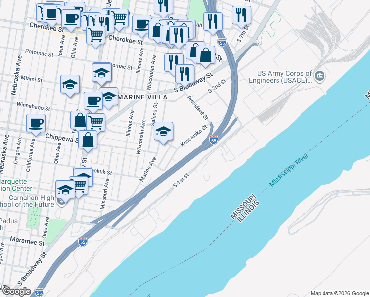 map of restaurants, bars, coffee shops, grocery stores, and more near 111 Winnebago Street in St. Louis