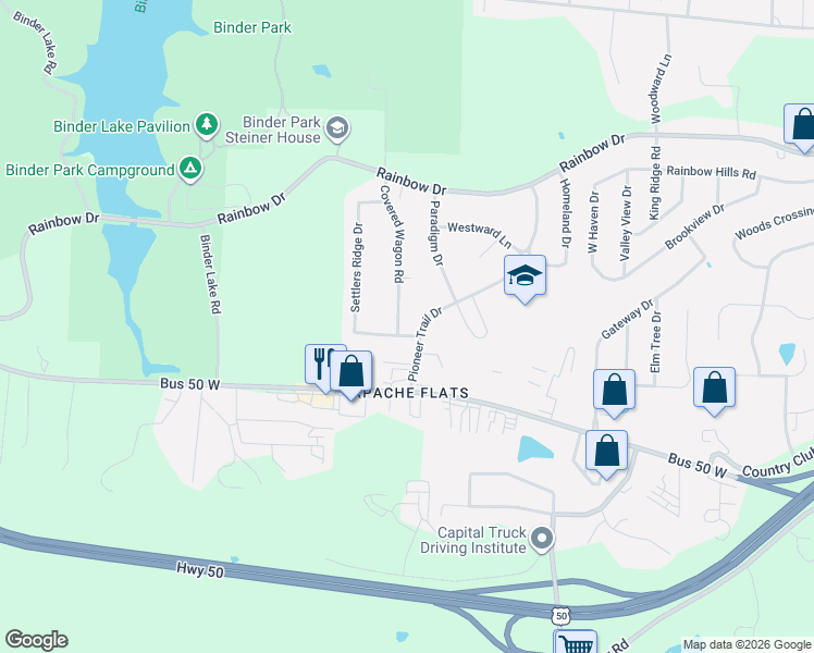 map of restaurants, bars, coffee shops, grocery stores, and more near 319 Covered Wagon Road in Jefferson City