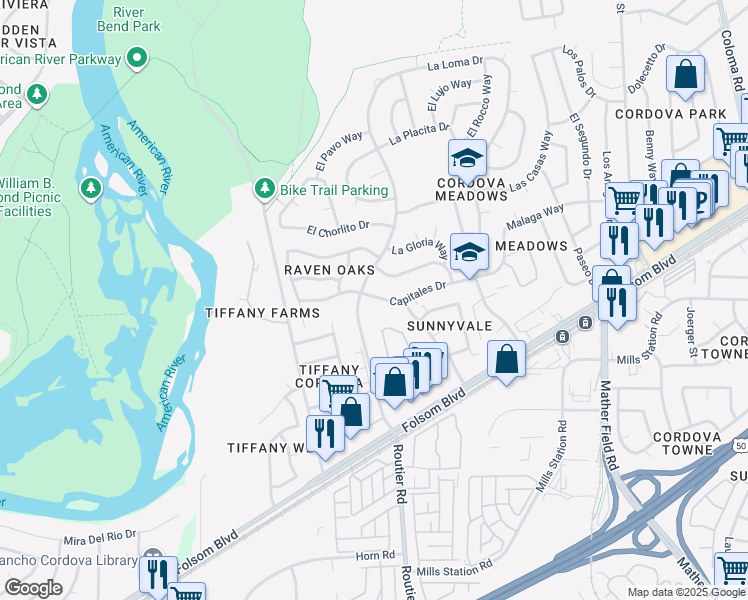 map of restaurants, bars, coffee shops, grocery stores, and more near 2581 Capitales Drive in Rancho Cordova