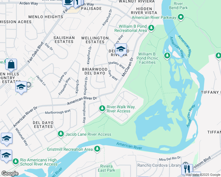 map of restaurants, bars, coffee shops, grocery stores, and more near 1145 McClaren Drive in Carmichael