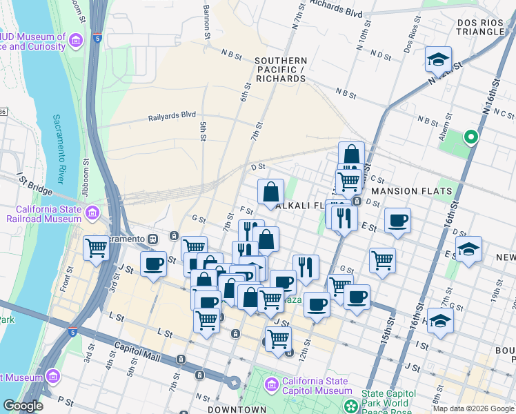 map of restaurants, bars, coffee shops, grocery stores, and more near 510 8th Street in Sacramento