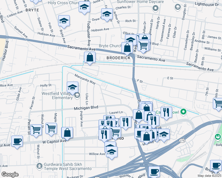 map of restaurants, bars, coffee shops, grocery stores, and more near 401 Westacre Road in West Sacramento