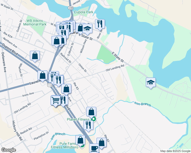 map of restaurants, bars, coffee shops, grocery stores, and more near 203 Branch Way in Millsboro