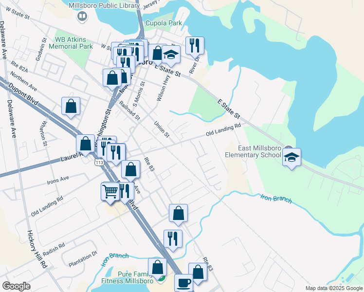 map of restaurants, bars, coffee shops, grocery stores, and more near 441 Union Street in Millsboro