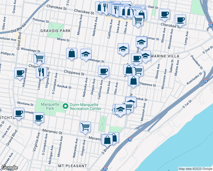 map of restaurants, bars, coffee shops, grocery stores, and more near in St. Louis