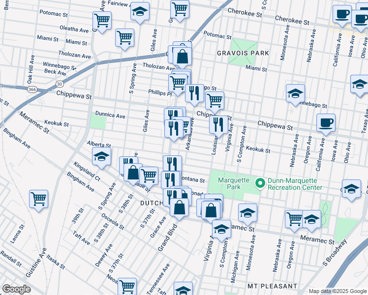 map of restaurants, bars, coffee shops, grocery stores, and more near 3456 Keokuk Street in St. Louis