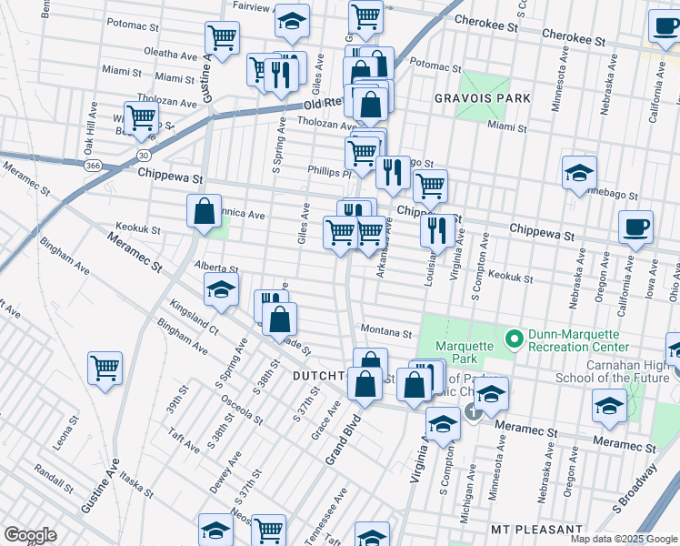 map of restaurants, bars, coffee shops, grocery stores, and more near 3626 Keokuk Street in St. Louis
