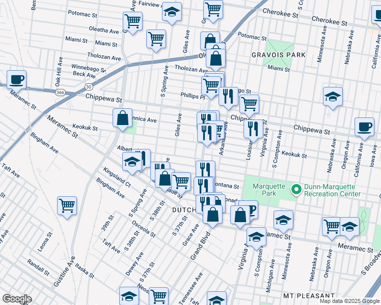 map of restaurants, bars, coffee shops, grocery stores, and more near 3626 Keokuk Street in St. Louis