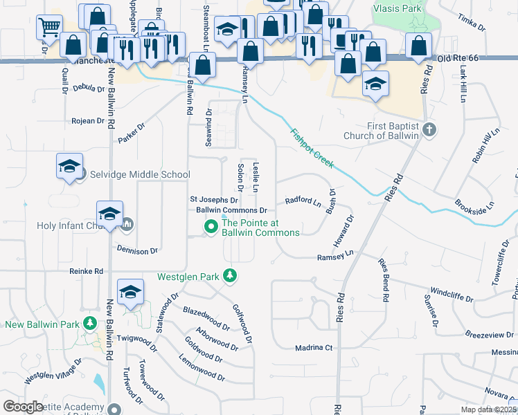 map of restaurants, bars, coffee shops, grocery stores, and more near 239 Leslie Lane in Ballwin