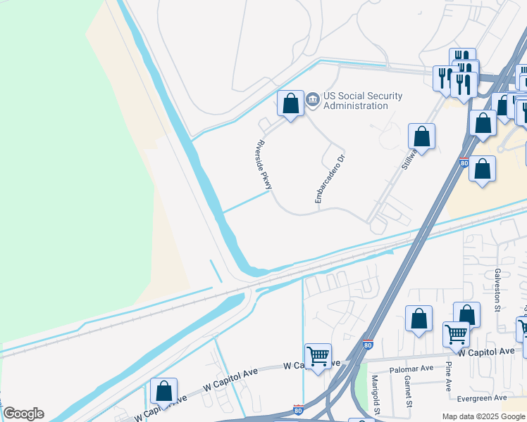 map of restaurants, bars, coffee shops, grocery stores, and more near 980 Riverside Parkway in West Sacramento